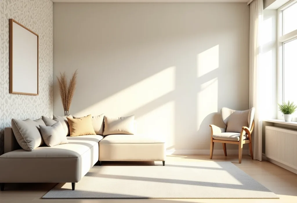 Sala de estar com papel de parede minimalista e luz natural suave