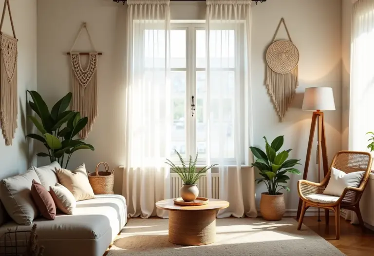 Sala de estar decorada com macramê, com painéis, suportes de plantas, cortinas e luminárias.