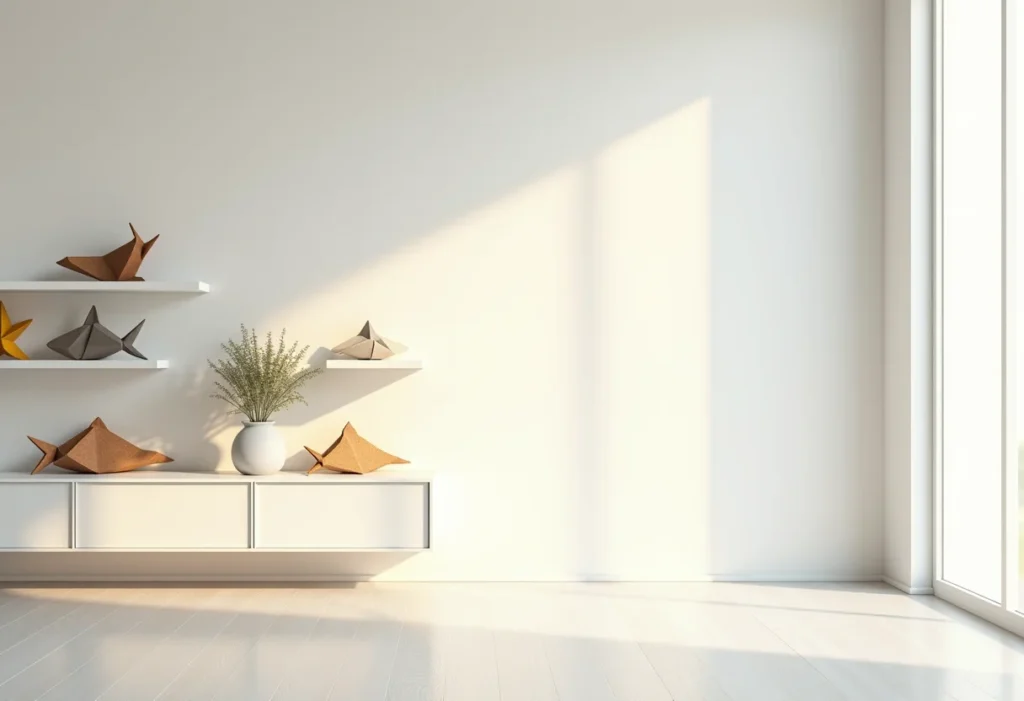 Sala de estar decorada com origami de animais marinhos