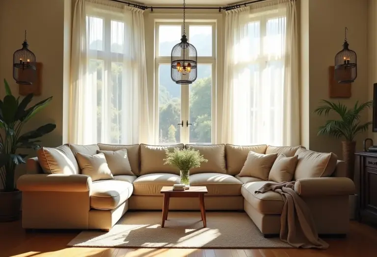 Sala de estar ensolarada decorada com gaiolas vintage, criando uma atmosfera charmosa.