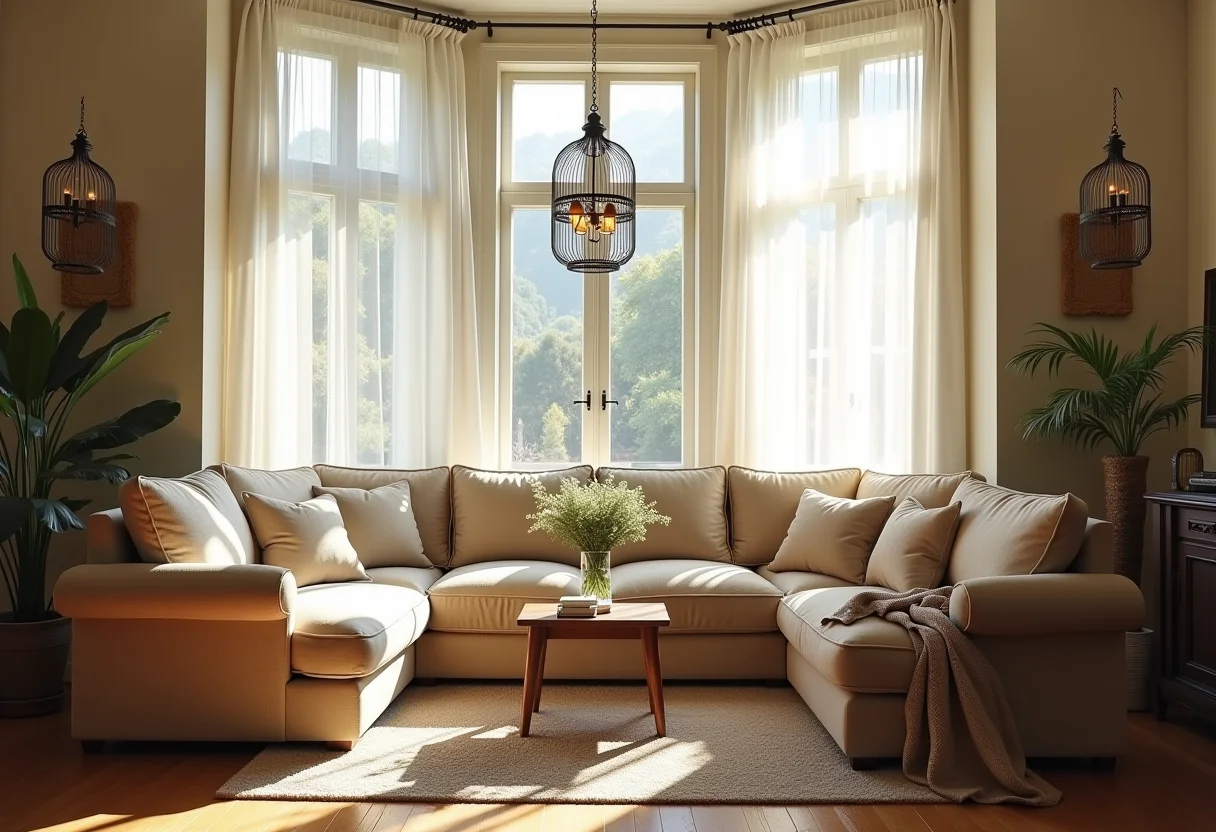 Sala de estar ensolarada decorada com gaiolas vintage, criando uma atmosfera charmosa.