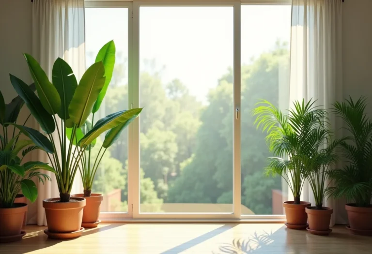 Sala de estar iluminada com diversas folhagens exuberantes