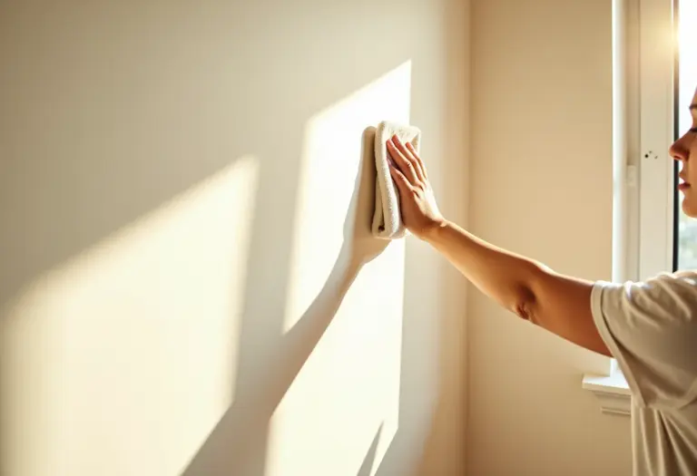 Sala de estar iluminada com mulher limpando parede pintada