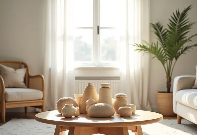 Sala de estar iluminada com objetos artesanais diversos