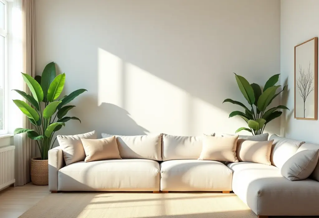 Sala de estar luxuosa com iluminação natural e decoração minimalista