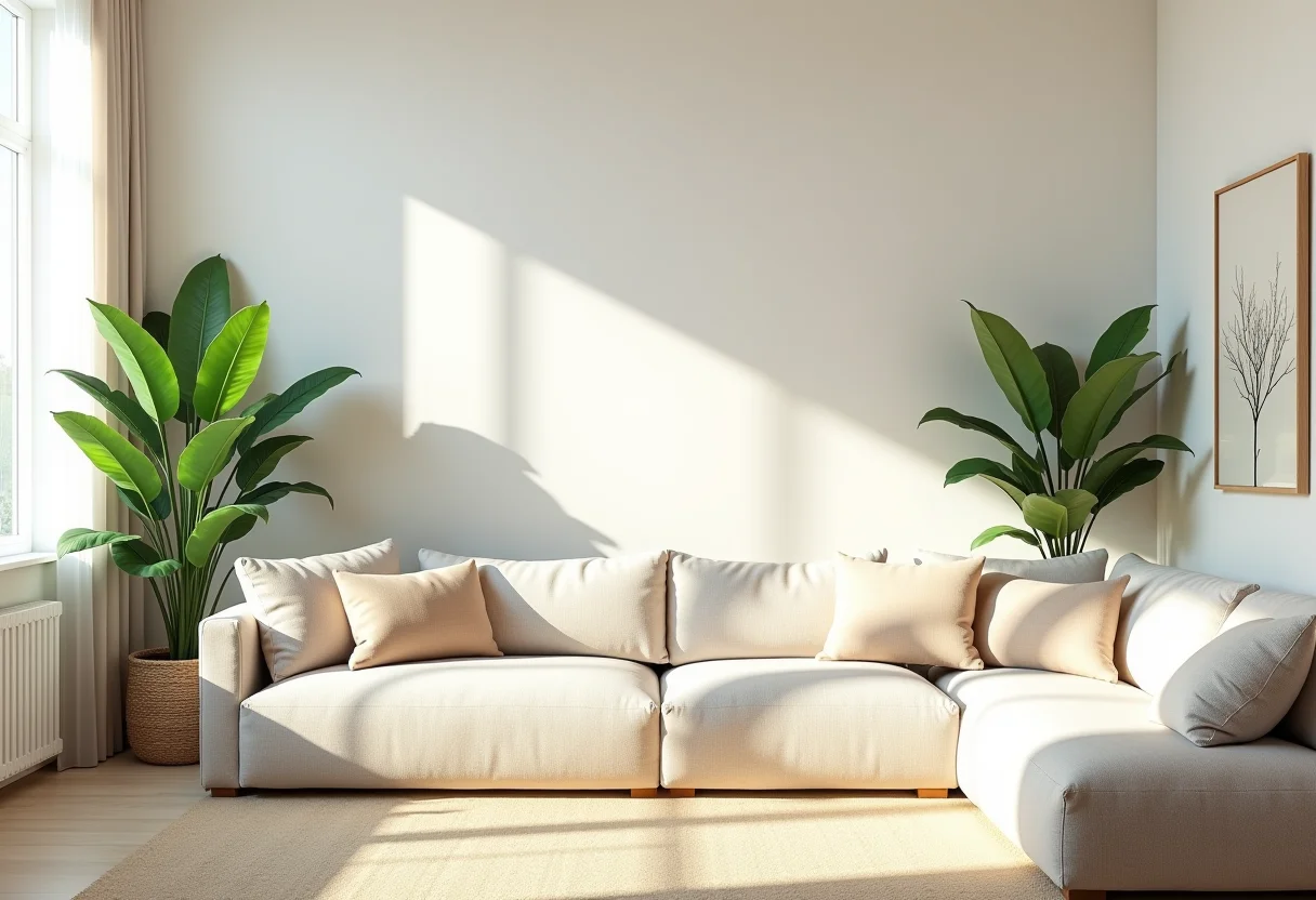 Sala de estar luxuosa com iluminação natural e decoração minimalista