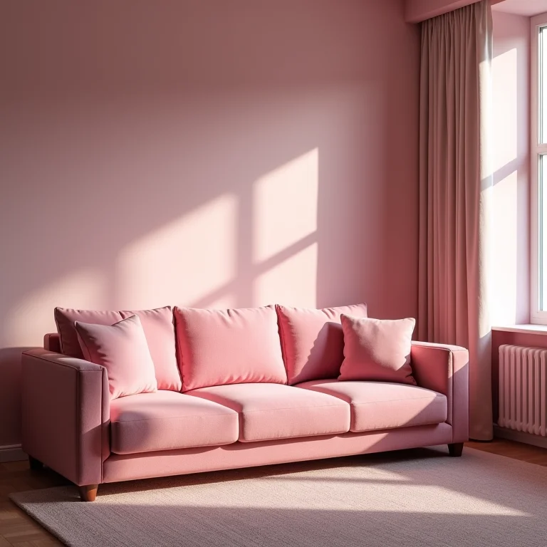 Sala de estar mal iluminada com sofá rosa.