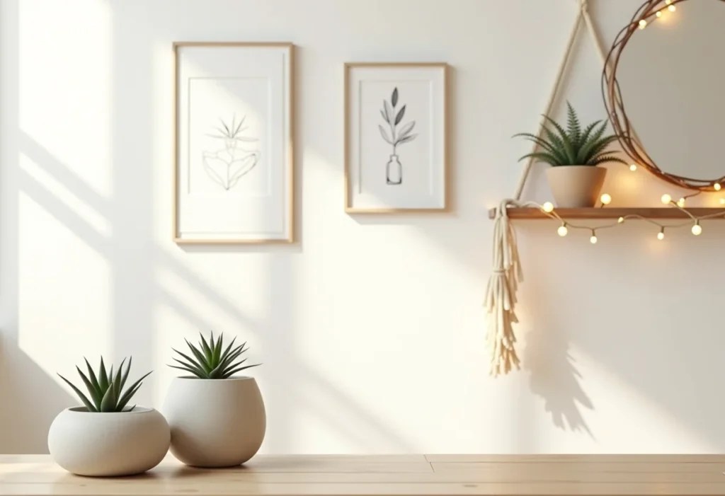 Sala de estar minimalista com decoração artesanal DIY.
