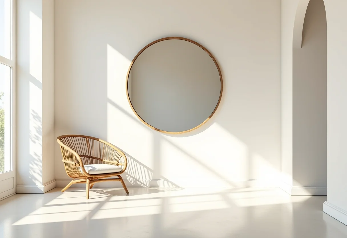 Sala de estar moderna com espelho decorativo grande