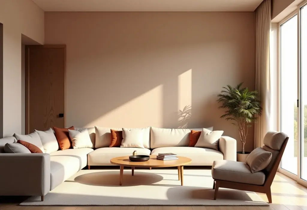 Sala de estar moderna com paleta de cores tendências para 2025.