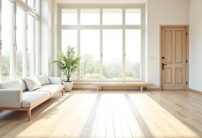 Sala de estar moderna com piso que imita madeira clara