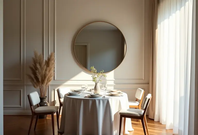 Sala de jantar elegante com espelho redondo e mesa bem posta.