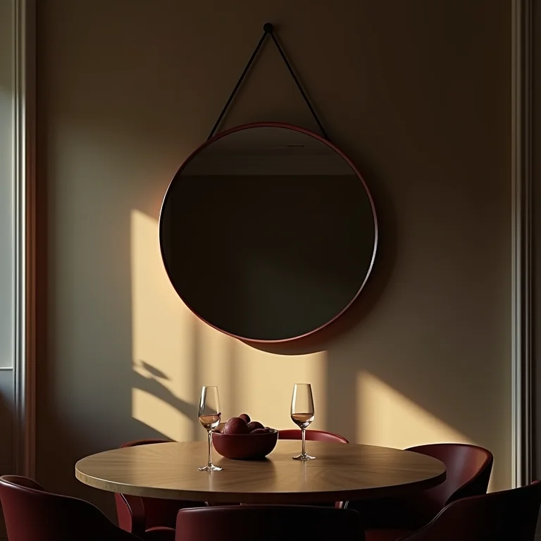 Sala de jantar mal iluminada com espelho redondo.