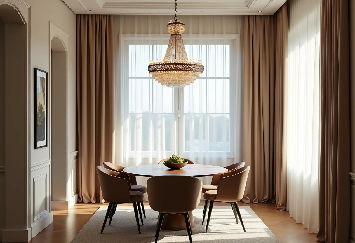 Sala de jantar pequena com lustre moderno e elegante