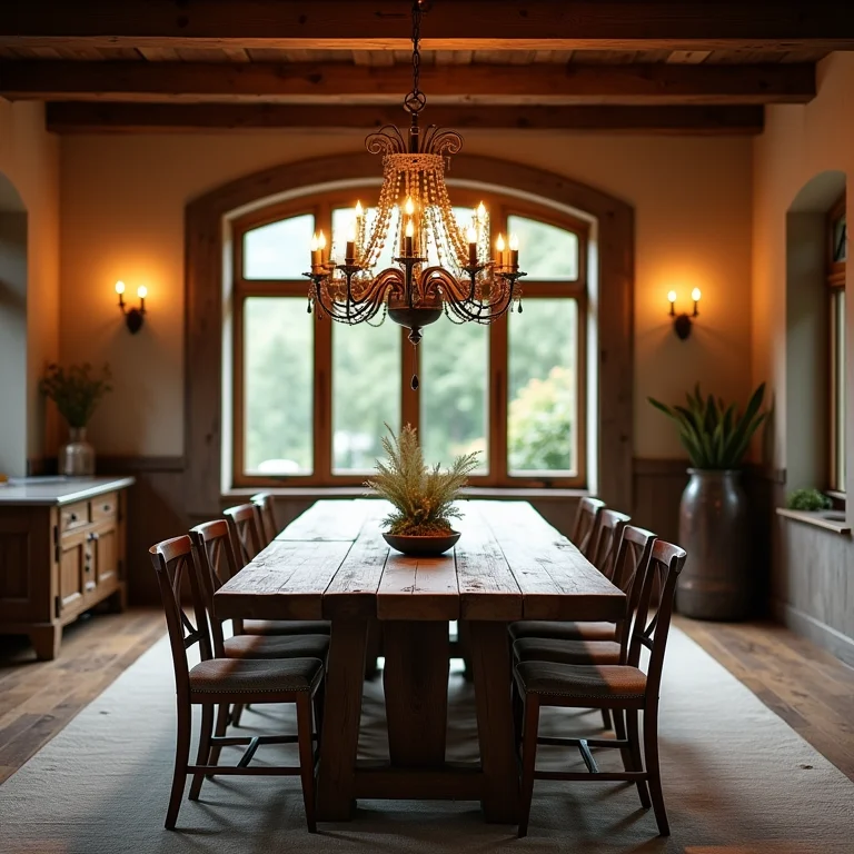 Sala de jantar rústica com lustre aconchegante