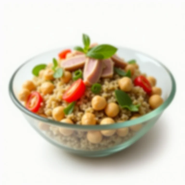 Salada de quinoa com grão de bico e atum em bowl de vidro