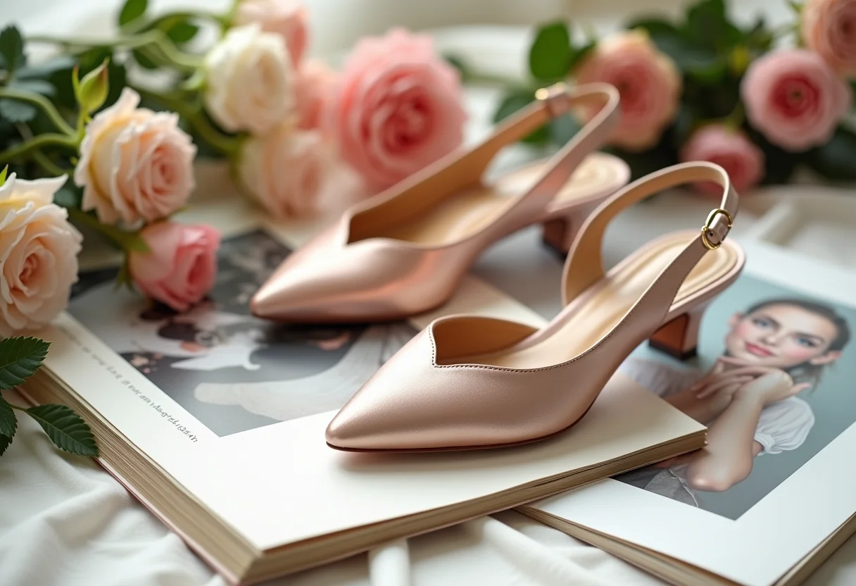 Sapatos slingback em meio a revistas de moda e flores.