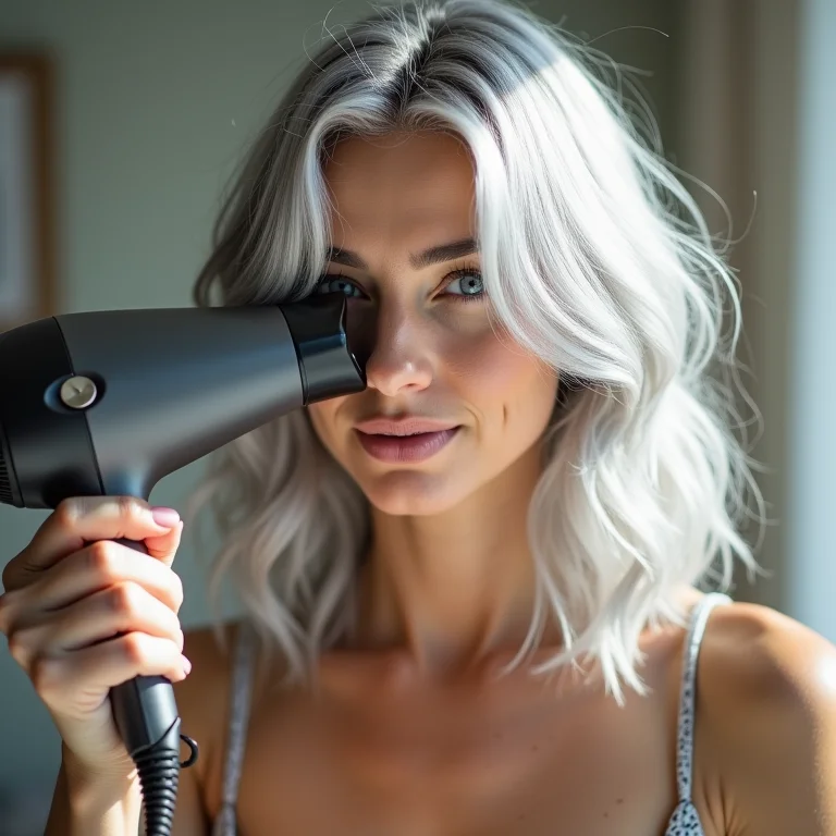 Secando cabelo grisalho com temperatura baixa