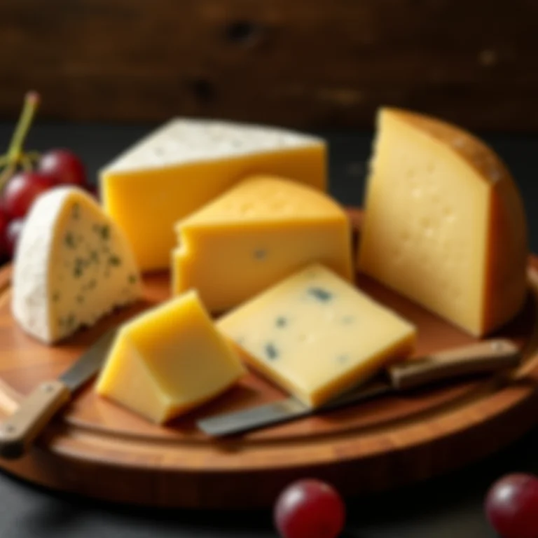 Seleção de queijos especiais para fondue em tábua de madeira.