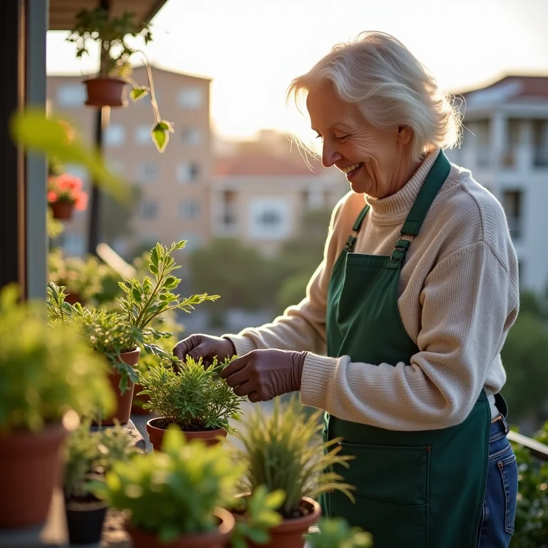Senhora cuidando de vasos de plantas na varanda