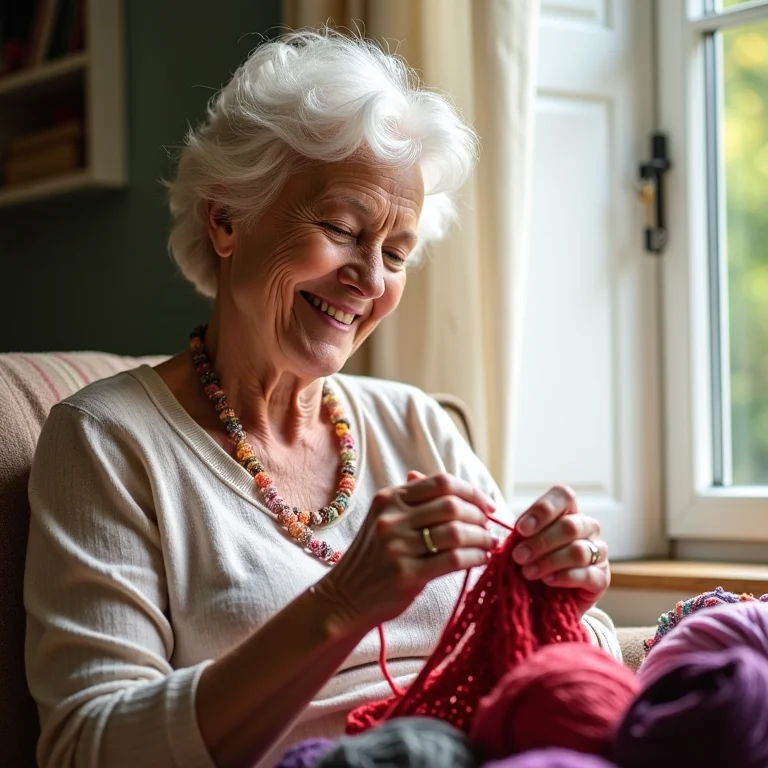Senhora negra sorrindo enquanto tricota