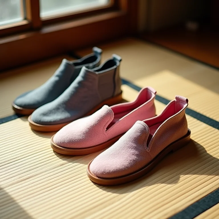 Símbolos de status: meias Tabi e sandálias tradicionais em esteira de tatame.