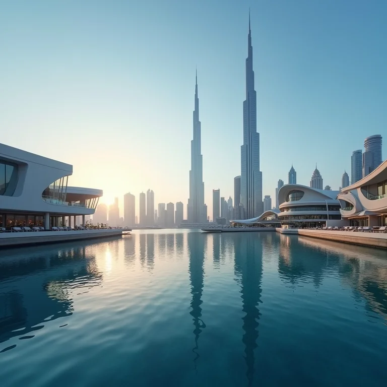 Skyline de Dubai com arquitetura moderna refletida na água