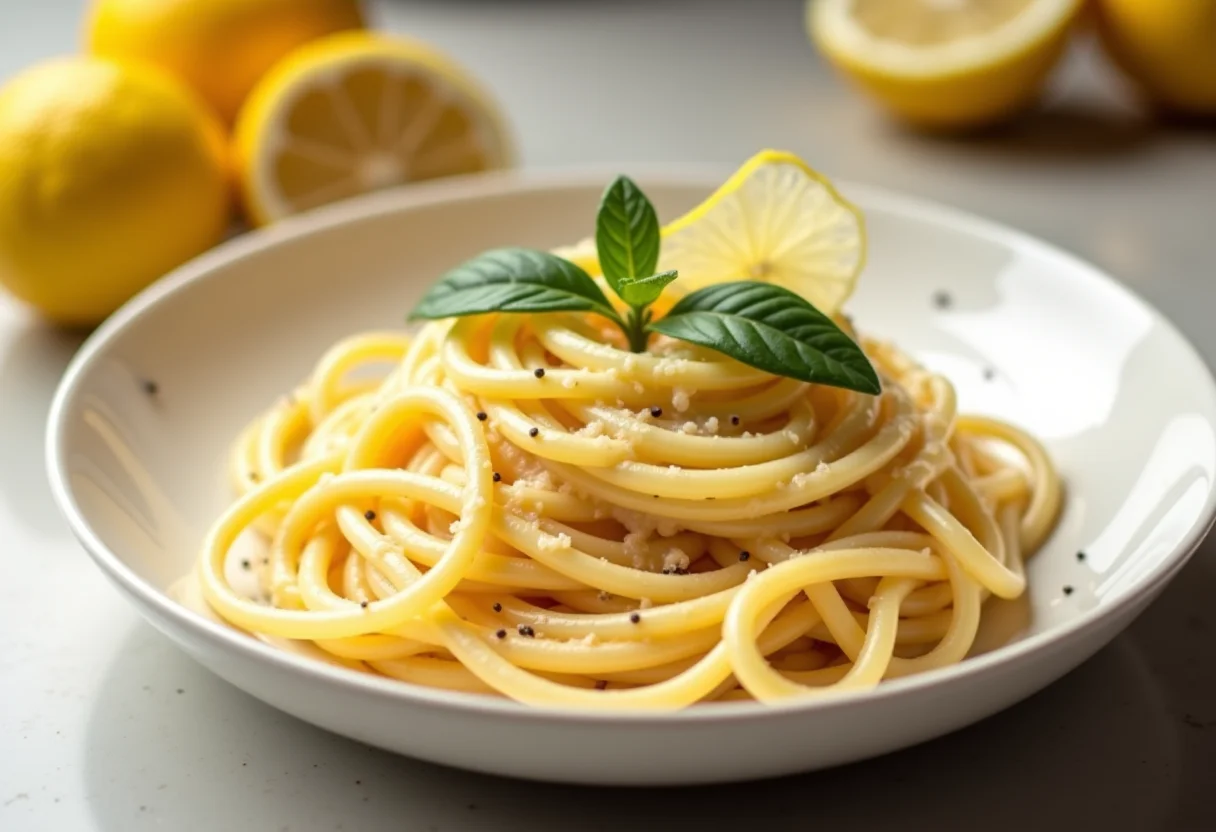 Spaghetti al limone cremoso em um prato branco, com rodelas de limão siciliano e queijo ralado.