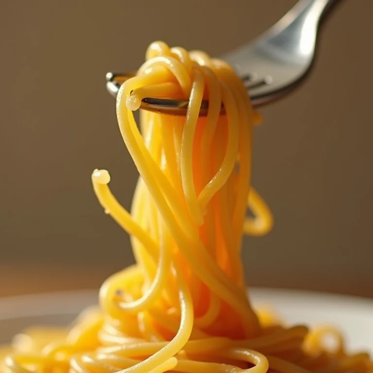 Spaghetti enrolado em um garfo, mostrando a textura al dente da massa.