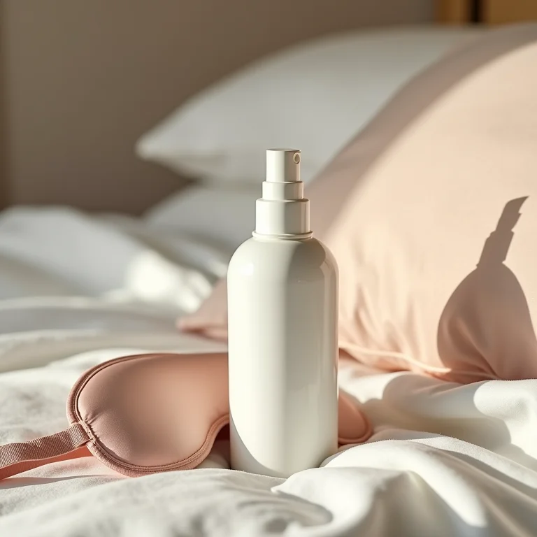 Spray de travesseiro em uma mesa de cabeceira com travesseiro e máscara de seda