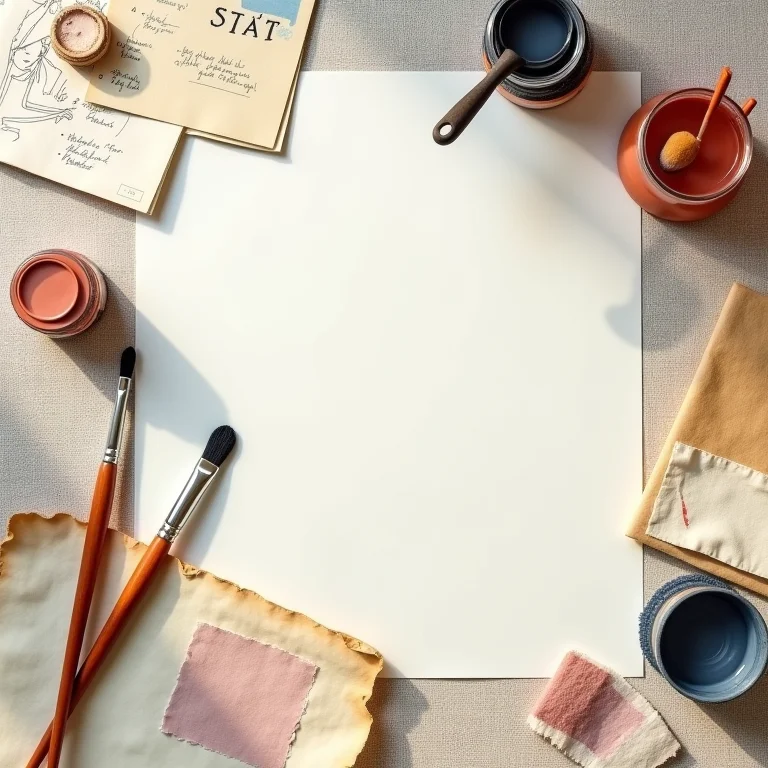 Still life de revistas de moda vintage, pincéis e amostras de tecido.