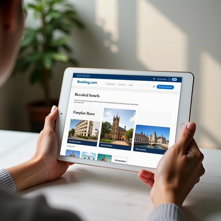 Tablet mostrando opções de hotéis no Booking.com