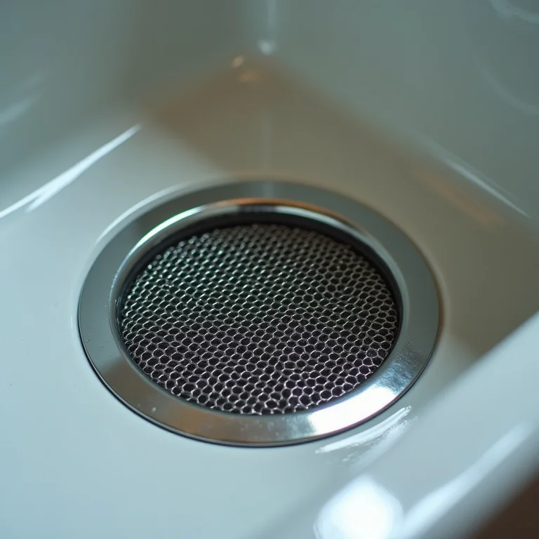 Tela de metal protetora sobre o ralo do banheiro.