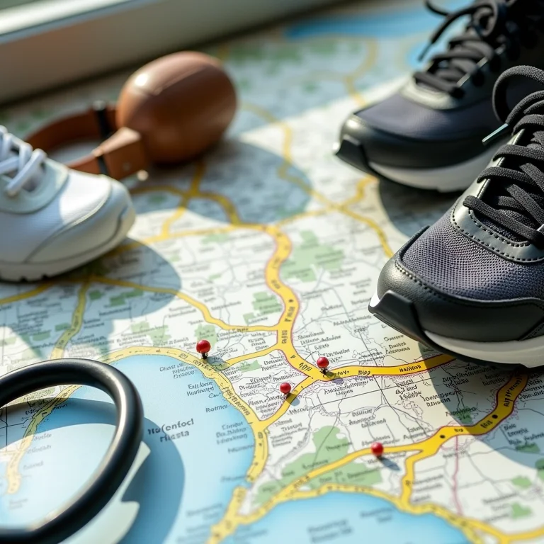 Tênis de corrida e acessórios em um mapa com rotas de corrida destacadas