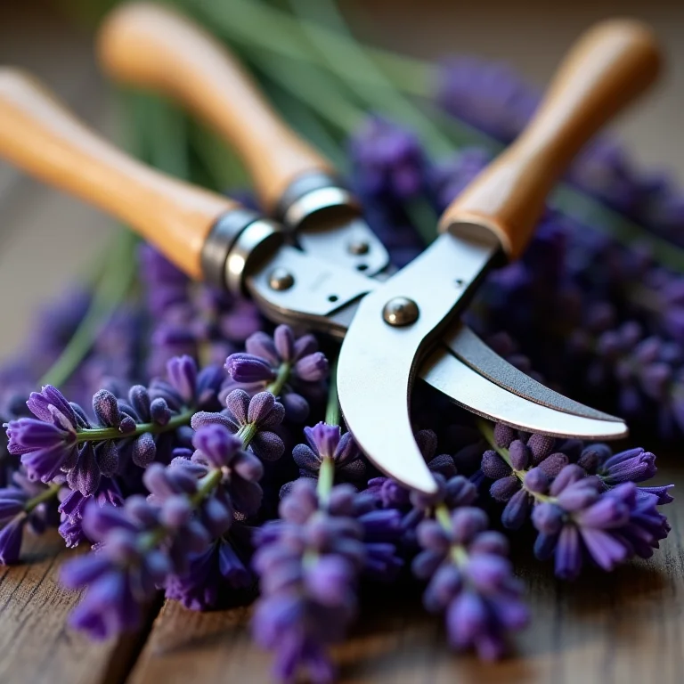 Tesoura de poda e galhos de lavanda.
