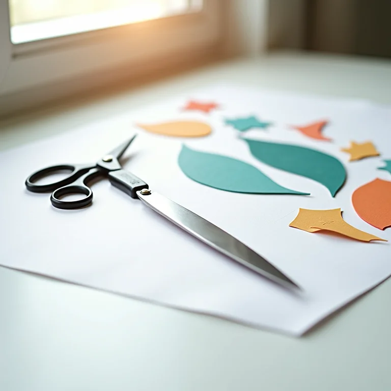 Tesoura e estilete sobre um tapete de corte com sobras de papel para decoupage.