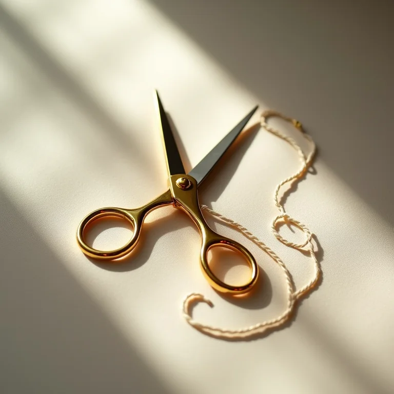 Tesoura pequena de bordado cortando um fio de linha