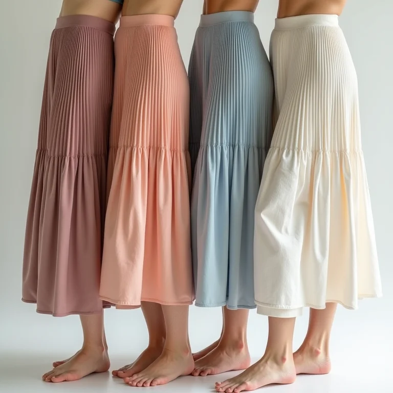 Texturas de saias midi plissadas em diversos tecidos