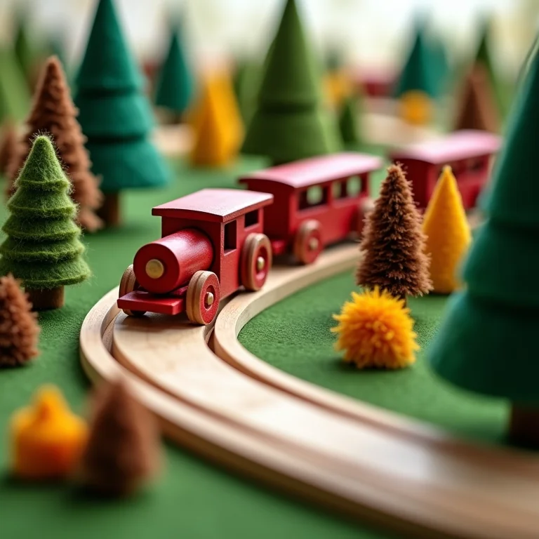 Trem de madeira artesanal em cenário lúdico