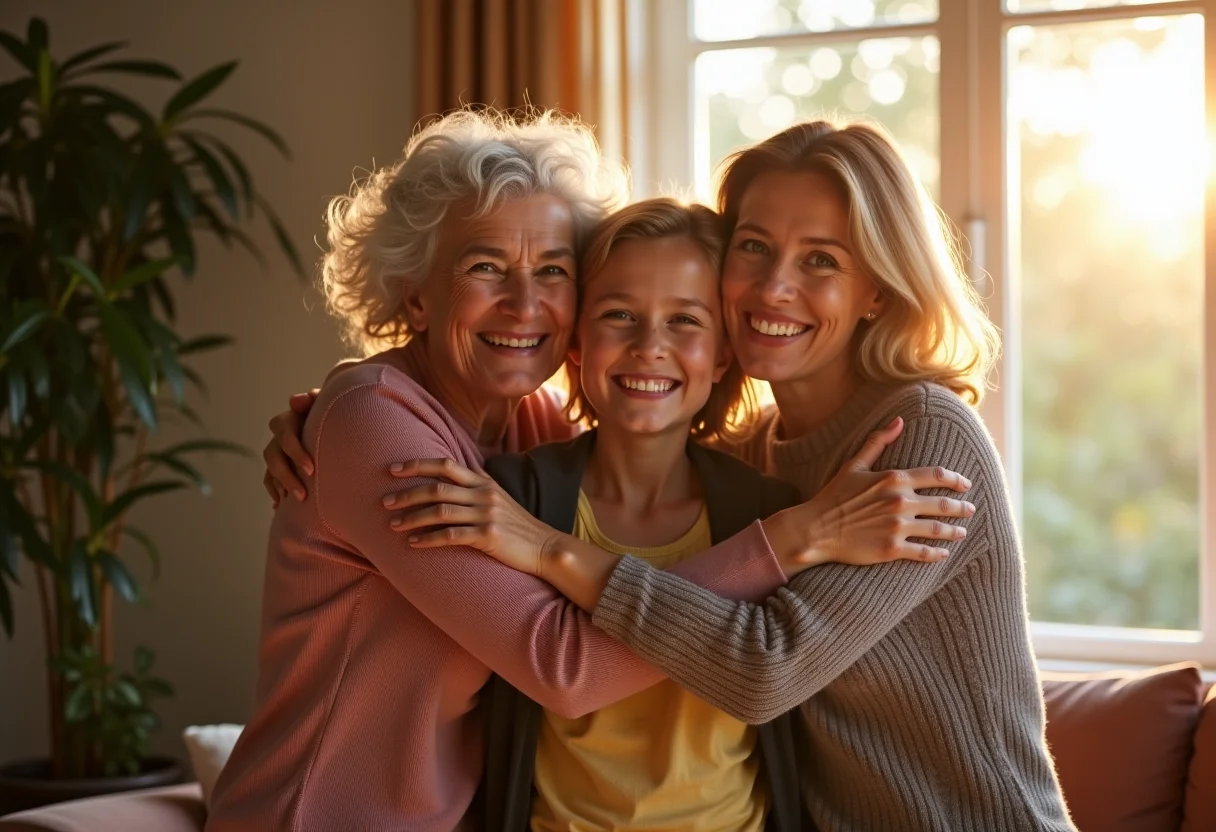 Três gerações de mulheres da mesma família se abraçando em um ambiente ensolarado.
