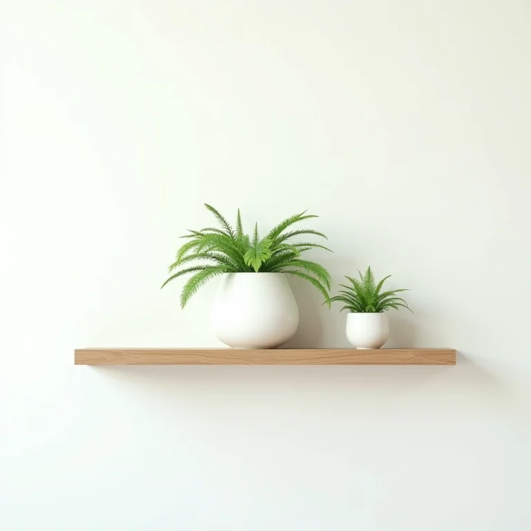 Três kokedamas de samambaias em prateleira minimalista