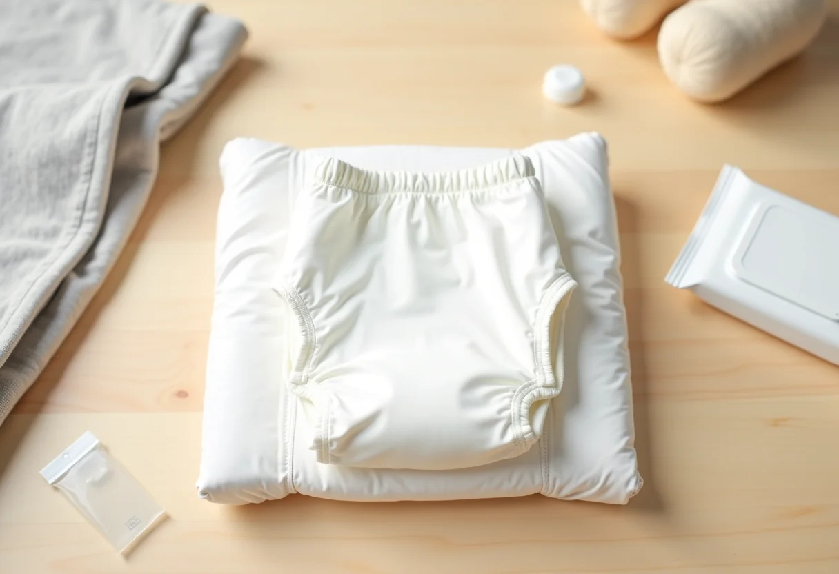 Trocador de fraldas portátil aberto sobre superfície de madeira clara