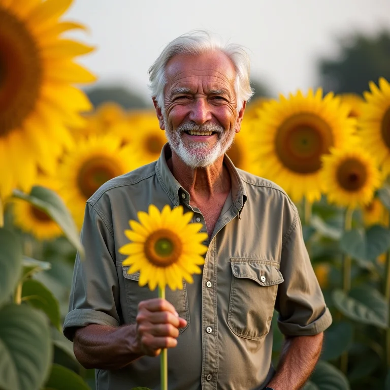 Um homem idoso e sorridente segurando um girassol.