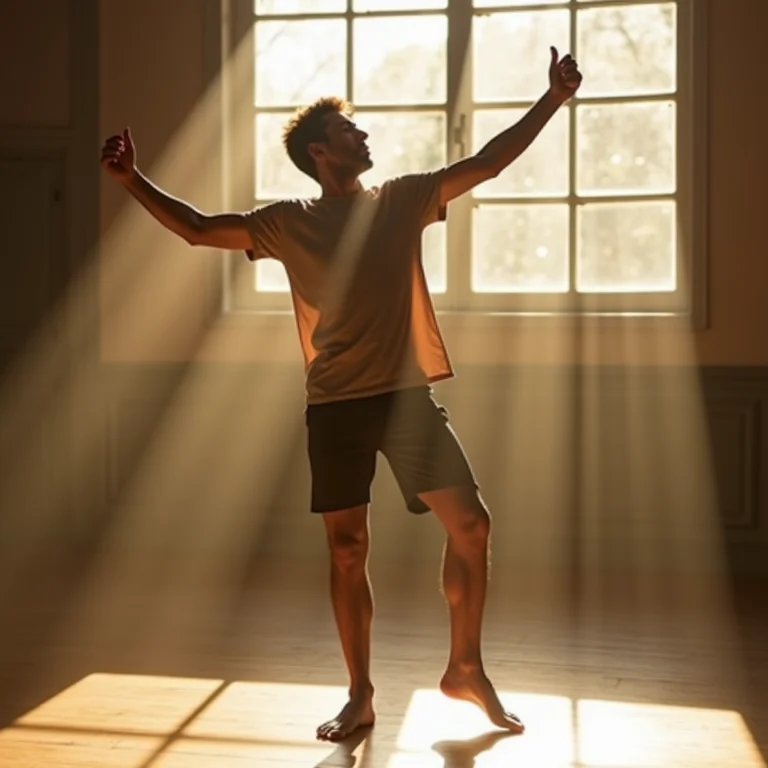 Um jovem dançando livremente em um estúdio.