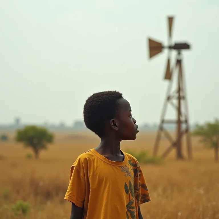 Um jovem negro olhando para um moinho de vento em um campo.