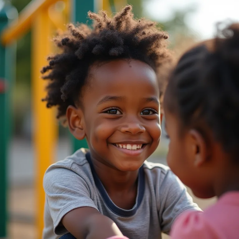 Um menino sorrindo gentilmente interagindo com outra criança.