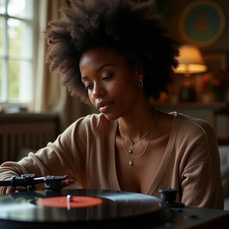 Uma mulher pensativa olhando para um disco de vinil.