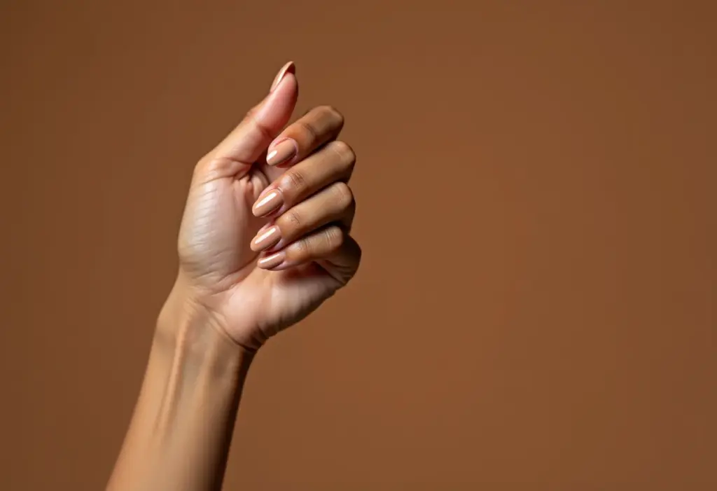 Unhas almond curtas com esmalte nude, formato elegante