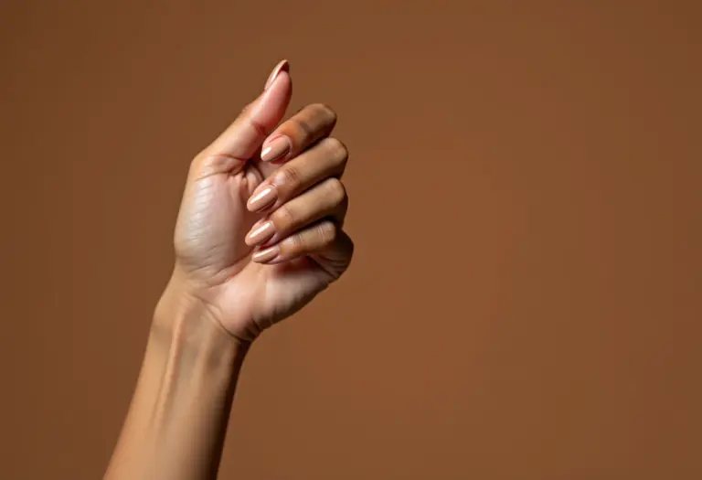 Unhas almond curtas com esmalte nude, formato elegante