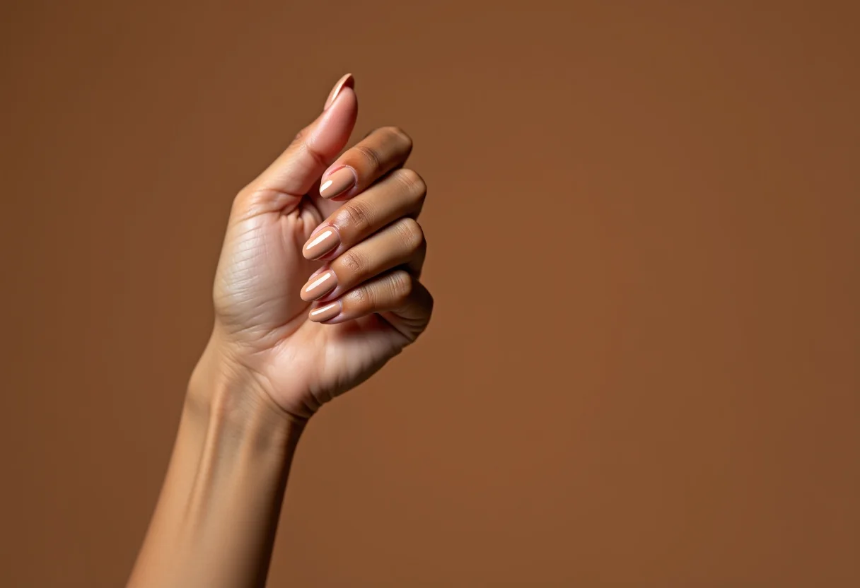 Unhas almond curtas com esmalte nude, formato elegante